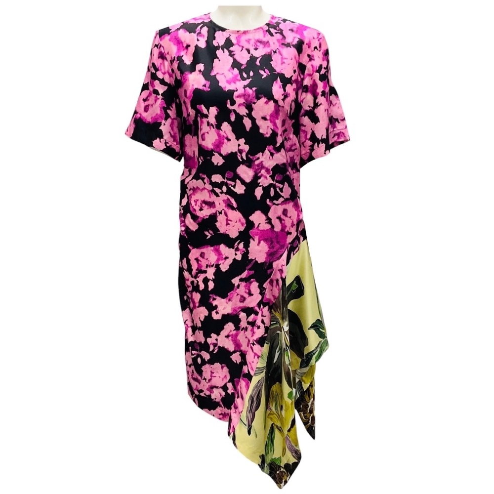 DRIES VAN NOTEN PINK / BLACK MULTI PRINTED SILK MIDI DRESS - Picture 1 of 4